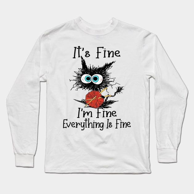 Crochet Black Cat It's Fine I'm Fine Everything Is Fine Long Sleeve T-Shirt by cyberpunk art